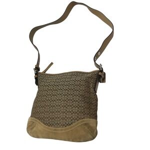Coach Signature Jacquard Crossbody Bag Brown Khaki Canvas Suede Trim‎ L052-3574